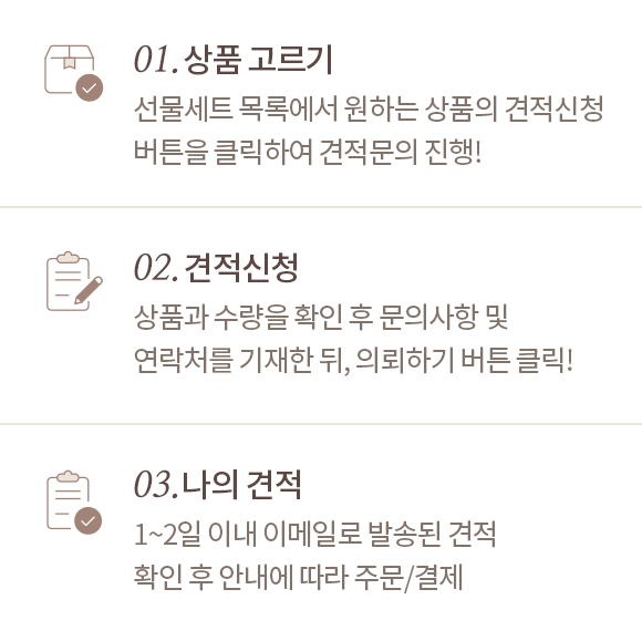 01. 상품고르기 : 선물세트 목록에서 원하는 상품의 견적신청 버튼을 클릭하여 견적문의 진행!, 02.견적신청 : 상품과 수량을 확인 후 문의사항 및 연락처를 기재한 뒤, 의뢰하기 버튼 클릭!,03.나의 견적 : 1~2일 이내 이메일로 발송된 견적 확인 후 안내에 따라 주문/결제